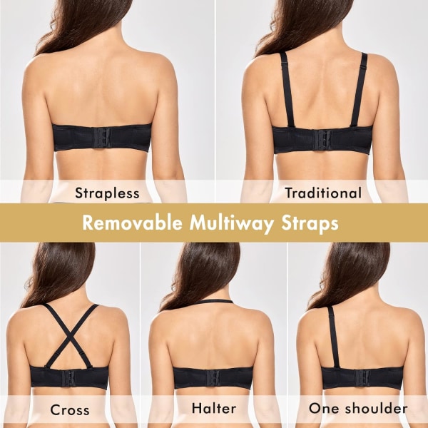 Kvinnors axelbandslös bh push up för större byst multiway bygel slät bandeau bh（svart，80E） 80E