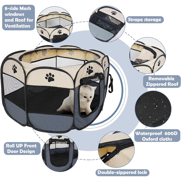 Hunde Legegård Foldbar Telte 8-Panel Mesh Cover Design Blød Oxford Legegård Kennel til Indendørs/Udendørs Hund Kat Kanin (S(28.5\" x 28.5\" x 16\"), Grå)