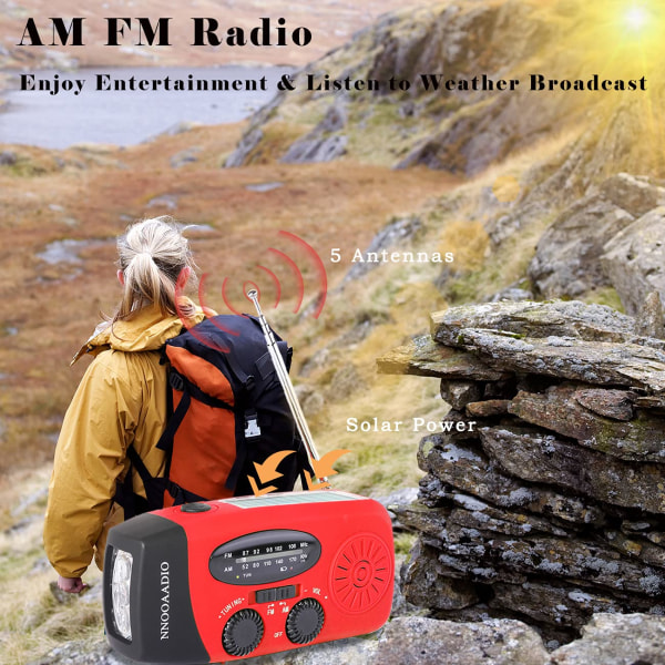 Aurinkoradio, Survival Hand Crank Dynamo AM/FM-hätäsääradio, ladattava käyttö kotitalouksille ja retkeilyyn, retkeilyyn Red