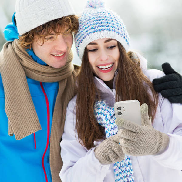2 par kvinders vinterhandsker strikkede touchscreen finger dobbeltlags elastiske handsker Black,khaki