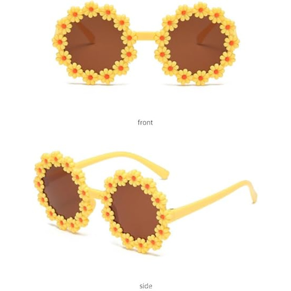 Runda solglasögon med blommor för barn, solglasögon i form av prästkrage, vita, för flickor utomhus strandfest, gula