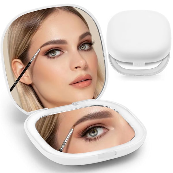 Kompakt spejl, belyst makeup spejl med 1X/5X forstørrelse, rejsevenlig, bærbar belyst kompakt spejl til håndtaske White