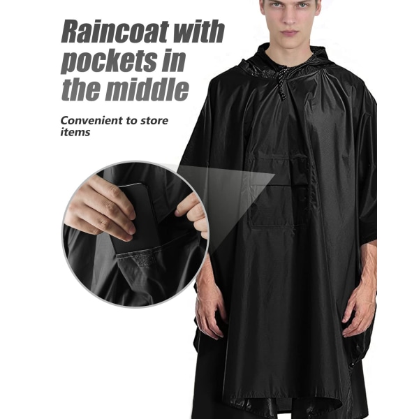 Vanntett poncho for voksne, gjenbrukbar regnponcho for voksne, vanntett poncho for voksne, lett vanntett regnfrakk Black