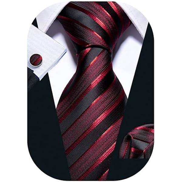Stripe Män Halsdukar Set Klassisk VÄVD Slips med Näsduk Manschettknappar Formell-Svart Röd