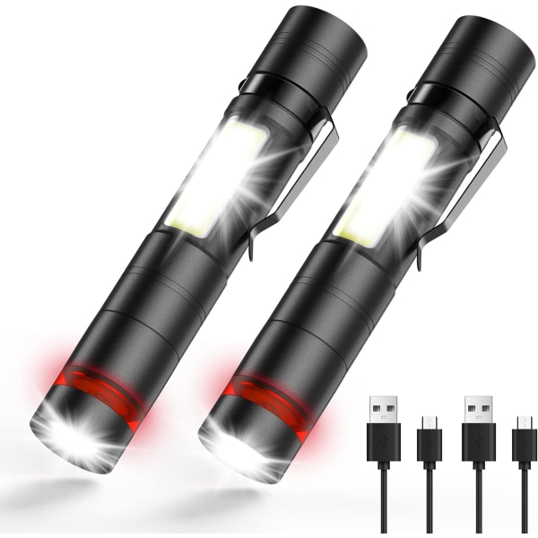 Mini LED-ficklampa 2 st, stålklämma och COB, små USB-laddningsbara ficklampor, bärbar och IPX5 vattentät för camping, vandring