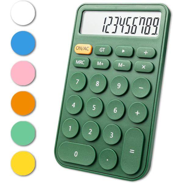 Standard lommeregner 12 cifre, stationær stor skærm og knapper, lommeregner med stort LCD-display, automatisk dvale, med batteri, grøn