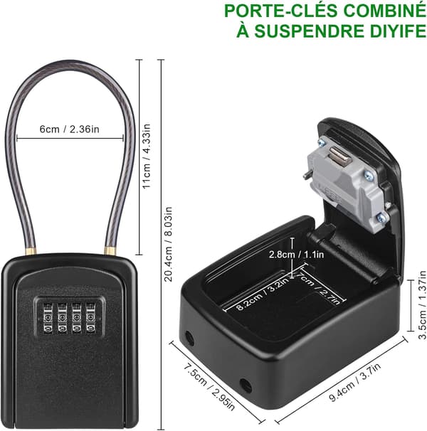 Wire Rope Key Box, Vandtæt Udendørs 4-cifret Kombination Sikker Nøgleboks, Sort
