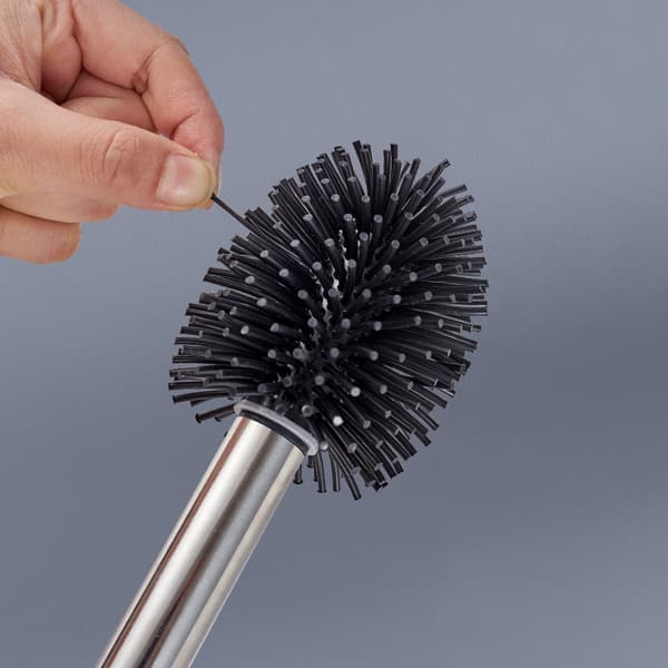 Utskiftbar børste med silikonbørstehode, toalettbørste med utskiftbart børstehode, non-stick-effekt, med rustfritt, skinnende håndtak i rustfritt stål silver