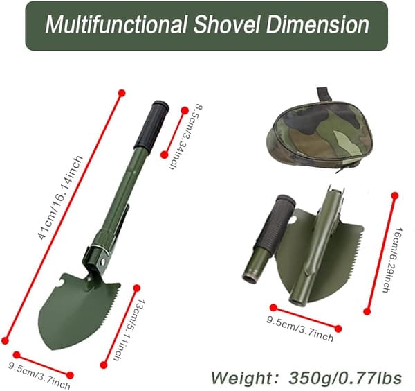 Camping spade, hopfällbar spade, bärbar mini militär överlevnadsspade med hacka/hacka/såg/öppnare/kompass, multifunktionellt verktyg för camping
