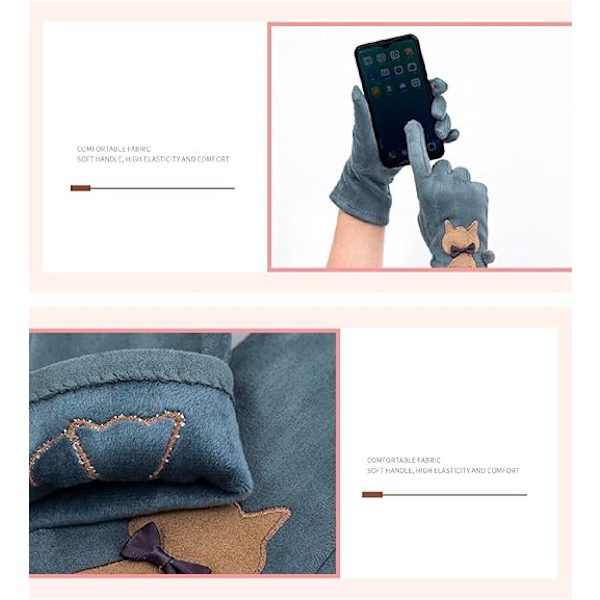 Dammockor i mocka med broderade kattmotiv, touch screen-handskar för kvinnor, varma och sammetslena fingerhandskar med tecknad katt, svarta