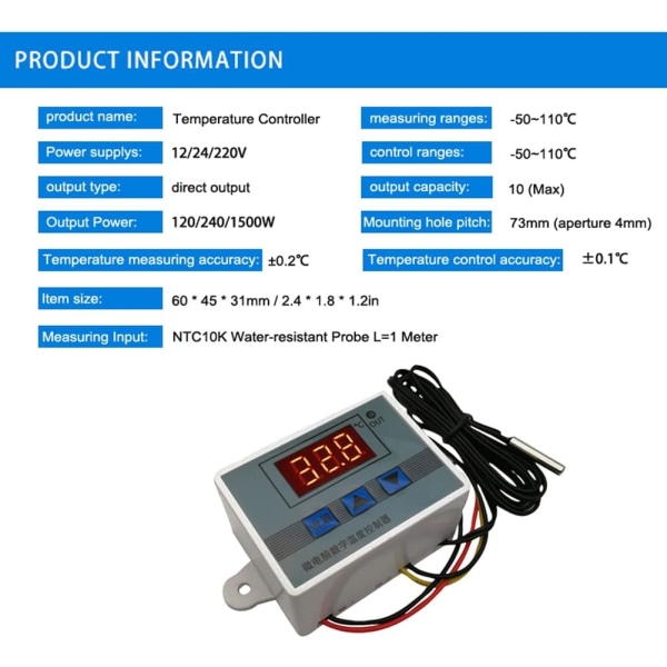 XH-W3002 110V-220V -50~110℃ Digitaalinen näyttö Lämpötilan säätökytkin Akvaario Inkubaattori Lämpötilan säädin 1 metrin vedenpitävällä anturilla