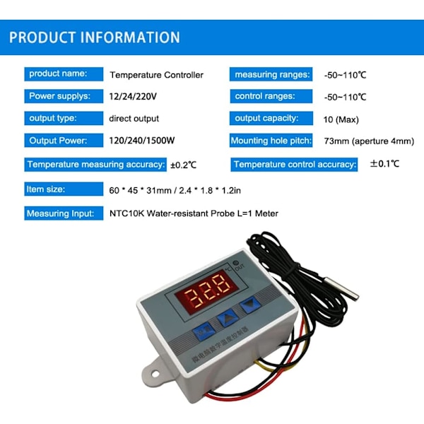 XH-W3002 110V-220V -50~110℃ Digitalt display temperaturstyringsswitch  Akvarium Inkubator Temperaturregulator med 1 meter vandtæt sonde