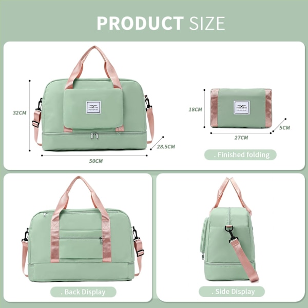 Foldbar Weekendbag, Over natten sykehusbag med sko-rom og våt lomme, Vannresistent treningsbag for reise, Holdall for kvinner og menn