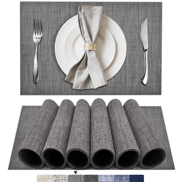 Set med 6 st placemattor, vävda placemattor, tvättbara och hållbara placemattor grey