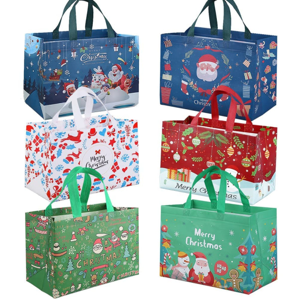 Julemuleposer, 6 pakke gaveposer med håndtag Genanvendelige festlige indkøbsposer til julefest