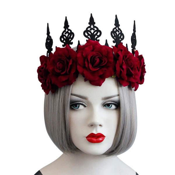 Gotisk rød rose krone halloween tiara pannebånd brude blomst hår krans krans bryllup hodeplagg blomster hode tilbehør Hodeplagg