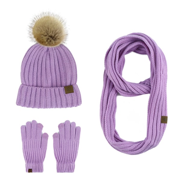 Vinterlue for kvinner Skjerfhanskersett 3 deler Strikkelue Varmere skjerf Varmstrikket lue ulllue purple