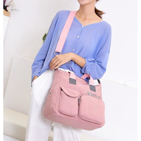 Tote tasker til kvinder - stilful nylon dame skuldertaske - top håndtaske - multi lommer - arbejds tasker - vandafvisende rejse crossbody (Pink) Pink