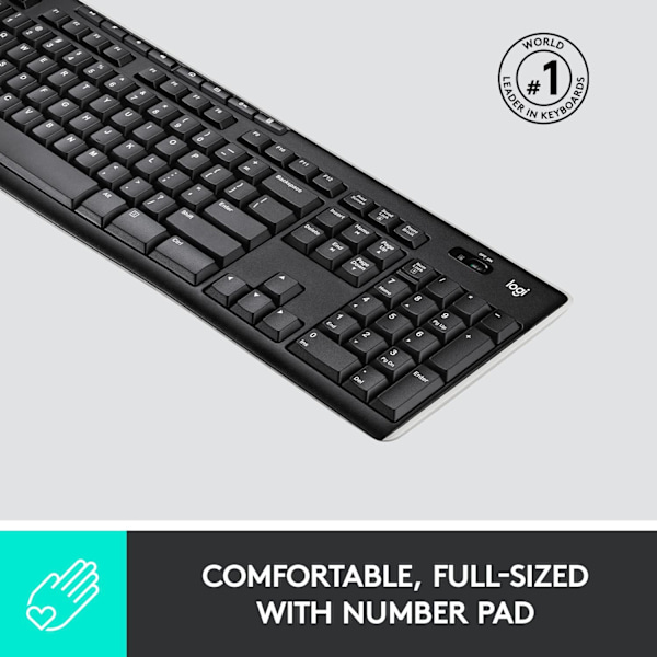 K270 Trådlöst tangentbord för Windows, fullstorlek, numeriskt tangentbord, 8 multimedieknappar, 2 års batteritid, kompatibel med PC, bärbar dator