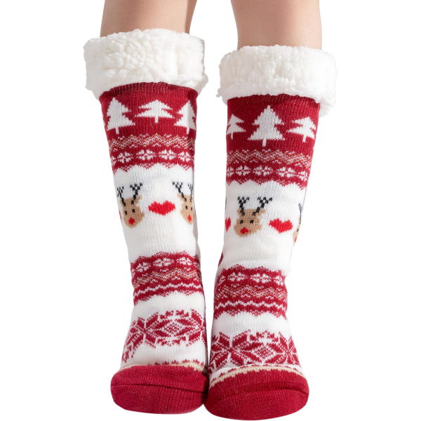 Juletøffelsokker Dame Fluffy Socks Dame Julestrømper Søde Varme Sengesokker Skridsikre vintersokker Hyggelige Tykke Rensdyrsokker Julegaver Red