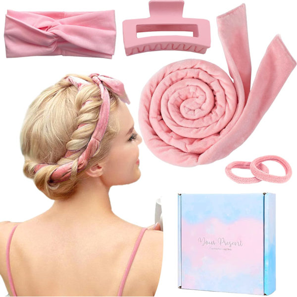 Varmeløse krøllehovedbånd, til at sove med natten over Varmeløse hårkrøllesæt Ingen varmebølgehårkrøller med hårklemme til langt mellemlangt hår Pink