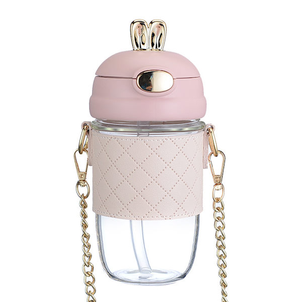 Rosa vattenflaska med sugrör och rem - 350 ml BPA-fri plastflaska med läcksäkert lock - Vattenflaska för alla åldrar