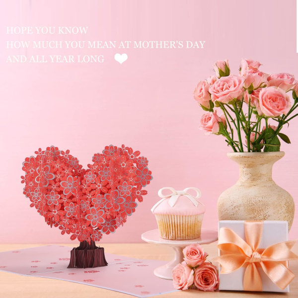 Pop-up gratulasjonskort 3D hjerteform Sakura Morsdag Bursdag Valentinsdagskort for kone, mamma, kvinner, søster, elskere, jente