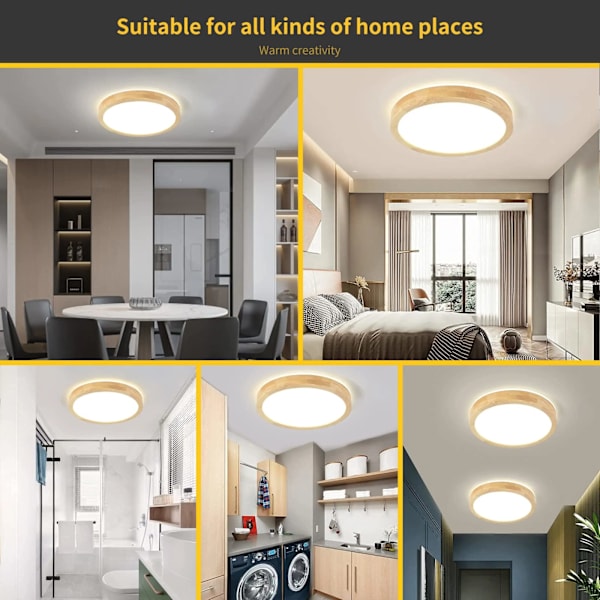 Tretre LED-taklampe i tre | Topp 360° glød tretaklampe | Varmhvit 3000K 18W | Runde tretaklamper Ø30 cm | Stue, stue, kjøkken