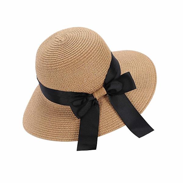 Dame Solhat Floppy Foldbar Bowknot Halmhat Sommer Strand Cap UV Beskyttelse coffee