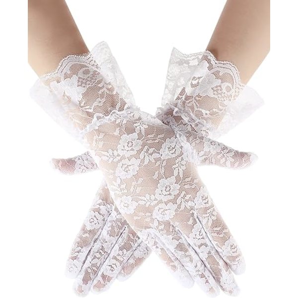 Svarta spets handskar dam elegant kort solskydd spets handskar, prinsessa klänning handskar för bröllop middag fest, vit
