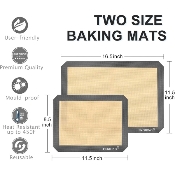 Silikonbakematte - Nonstick Stor bakemattesett med 3 - Ekstra tykke gjenbrukbare bakevarematter for kjeks, bakverk, brød, bolle, fondant（grå）