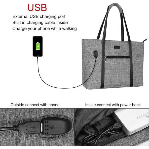 USB port bärbar bärbar väska för kvinnor, kompatibel med MacBook Air och mer, Work Travel Business datorväska med liten handväska, Grå 44*33,5*10cm Gray