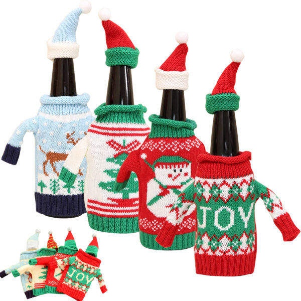 Joulun viinipullon cover Joulupullon koristelu Joululahjat 4 kpl neulottu elastinen viinipulloneulepusero hatulla Söpö lumiukko