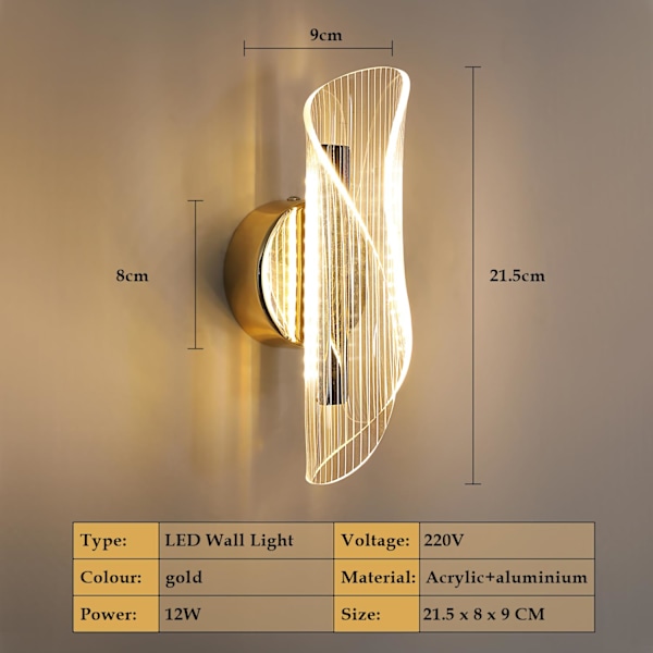 LED-vägglampa inomhus, 10W gyllene modern vägglampa dimbar med 3 ljusfärger, modern väggbelysning i akryl