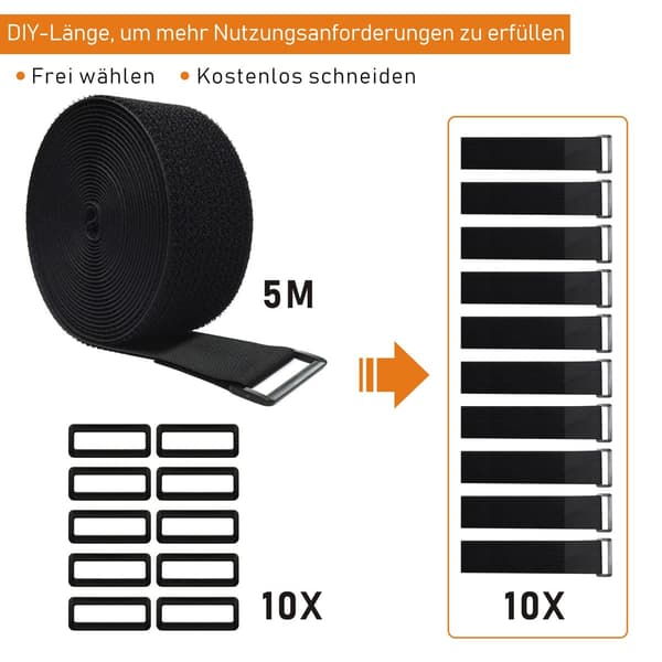 5m x 5cm Justerbare Kabelstropper med 10 Løkker, Sorte Genanvendelige Kabelbindere, Krog- og Løkkefastgørelsesstrop til Kabelstyring, Sort