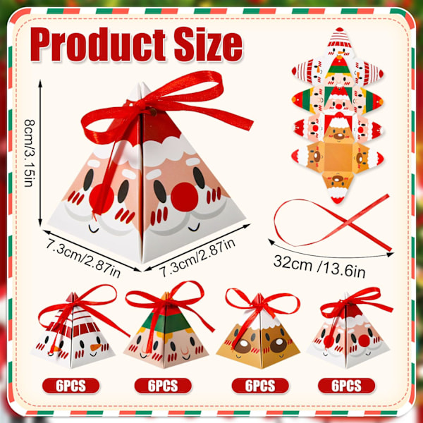 24 st Julklappsaskar, 8x7,3 cm Förmonterade Triangulära Julförpackningsaskar Ren Snögubbe Jultomte Stilar Julkakburk