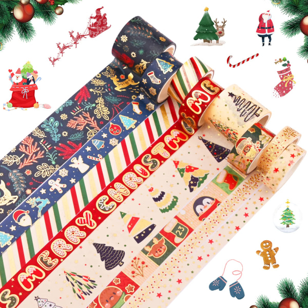 Christmas Washi-tapesett, 8 ruller maskeringstape Gullfolie Dekorative ferietape-klistremerke selvklebende tape for juledesign Kunsthåndverkstape DIY
