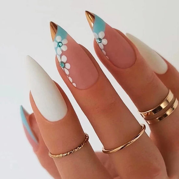 24 stk Mandelformede Kunstige Neglblomster Falske Negl Rhinestones Falske Negl Rosa-Hvit med Blå Falske Negl Full Dekning Lim på Neglkunst for Kvinner og Jenter