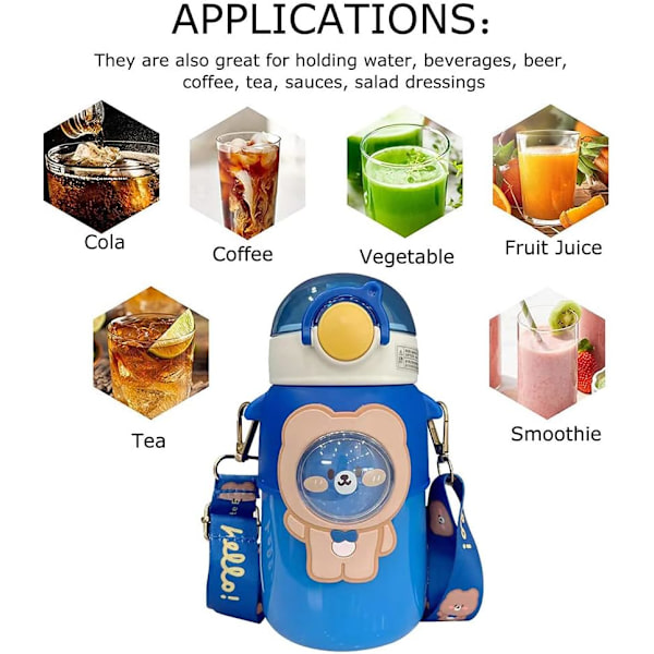 Søt vannflaske med sugerør, søte vannflasker med 3D Kawaii-klistremerke, rustfritt stål vannflaske 600 ml (blå) Blue