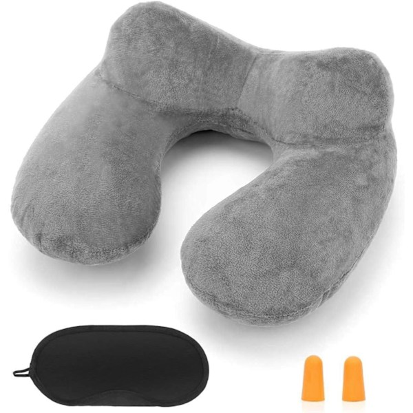 Inflatable Travel Pillow for Airplane Inflatable Neck Pillow with Soft Velvet Washable Cover for Sleeping, Airplane,Train, Office-Grey