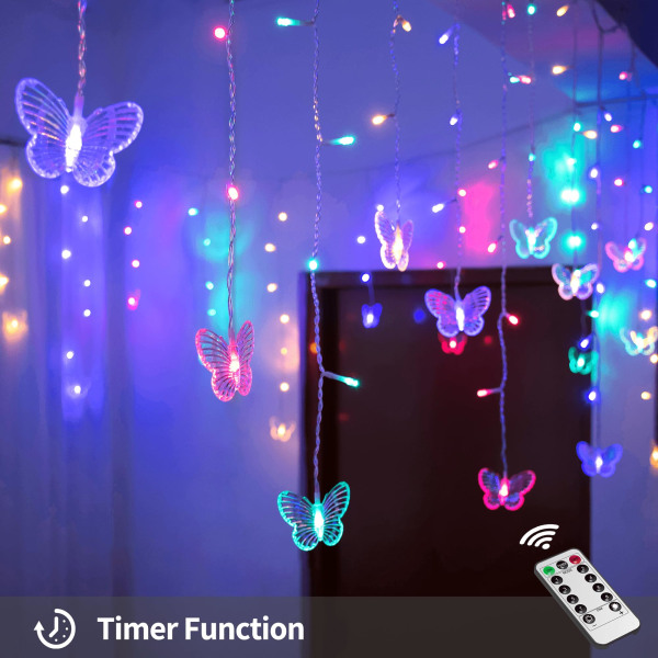 Sommerfuglgardinlys 13 fot 96 LED Fairy Lights 8 moduser med fjernkontroll, lysslynge for hage bryllup juledekorasjon (flerfarget) color