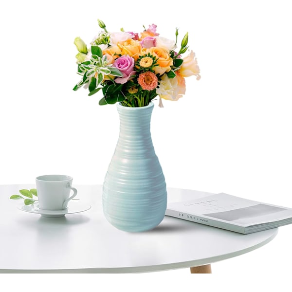 Ubrækkelig Vase til Blomster, Keramiklook Plastikvase til Hjemmedekor, Stue, Bord (Blå)