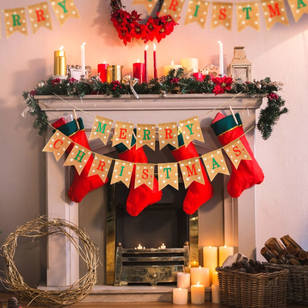 Julebanner i jute med teksten \"God Jul\", 4,8 m, med snøfnugg - Vintage julegirlander i jute med 14 flagg