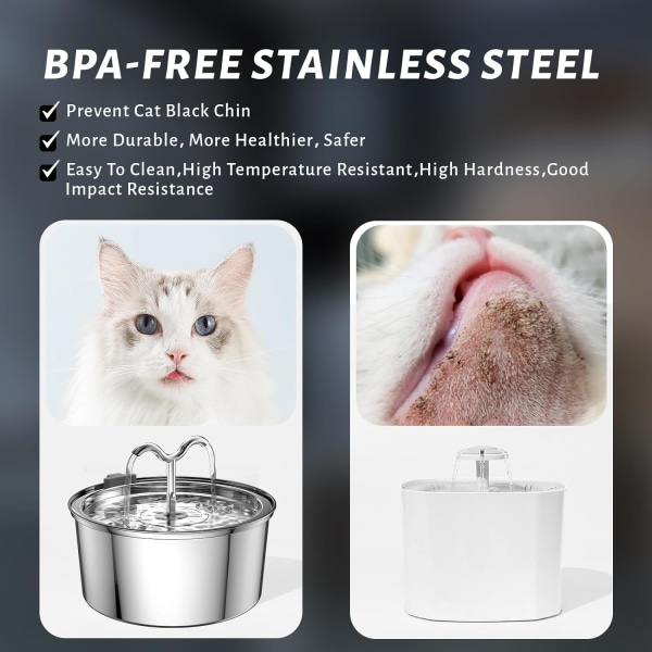 Kissan juomalähde, 3,2 litran kissan vesilähde, erittäin hiljainen ruostumattomasta teräksestä valmistettu automaattinen kissan suihkulähde, suodattimella muille useille lemmikeille