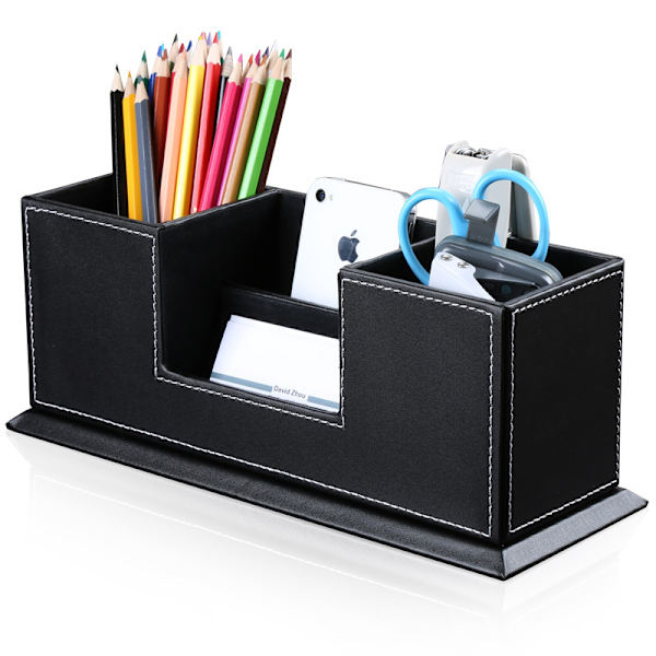 Pen holder, skrivebordsarrangør, praktisk penneæske med 4 rum, elegant PU læder kontorarrangør, multifunktionel pen holder skrivebord, pen holder black