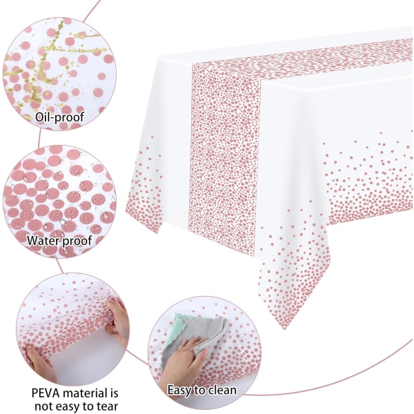 6 stykker rosegull duk, disponibel plastduk Dot Confetti festbordtrekk for piknik babydusj Halloween jul (54" x 108") Rose gold