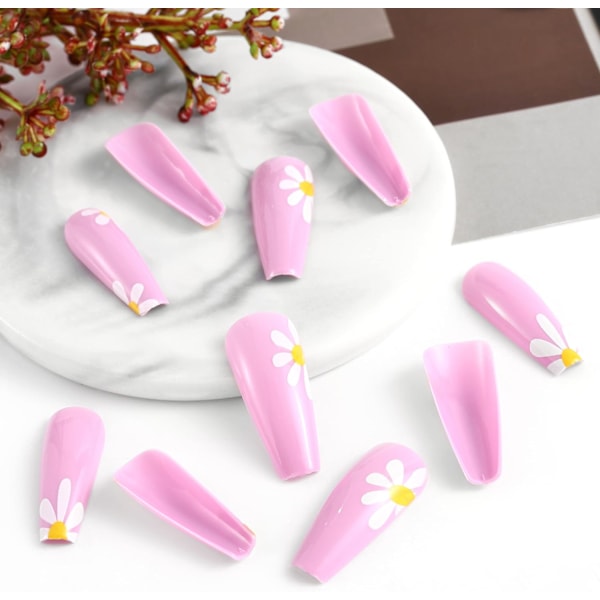Ballerina Blomst Falske Negl Spring Stick On Negl Rosa Kunst Falske Negl 24stk Akryl Trykk På Negl for Kvinner og Jenter