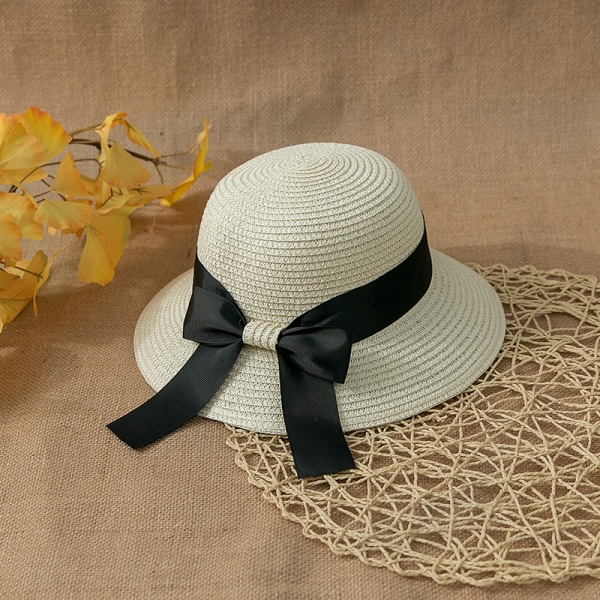 Dame Sommer Halmhatt Solhatt UV-beskyttelse Strandlue Foldbar Visor Floppy Hat Bred Brede med Stropp Sløyfe white