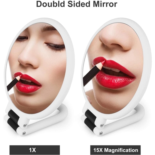 Rejseforstørrelseshåndspejl, dobbeltsidet 1x 15x små makeupspejle med 360° foldehåndtag, fritstående bærbart skønhedsvaskespejl - Hvid White