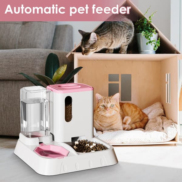 Automatiske kattefoderautomater, Automatiske kattefoderautomater, Transparent automatisk mad- og vanddispenser, Foderartikler med stor kapacitet og skridsikker bund (Pink)